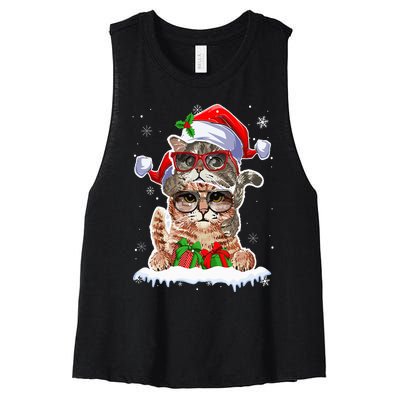 Cat Christmas Santa Cat Mom Cat Dad Cat Lover Merry Catmas Women's Racerback Cropped Tank