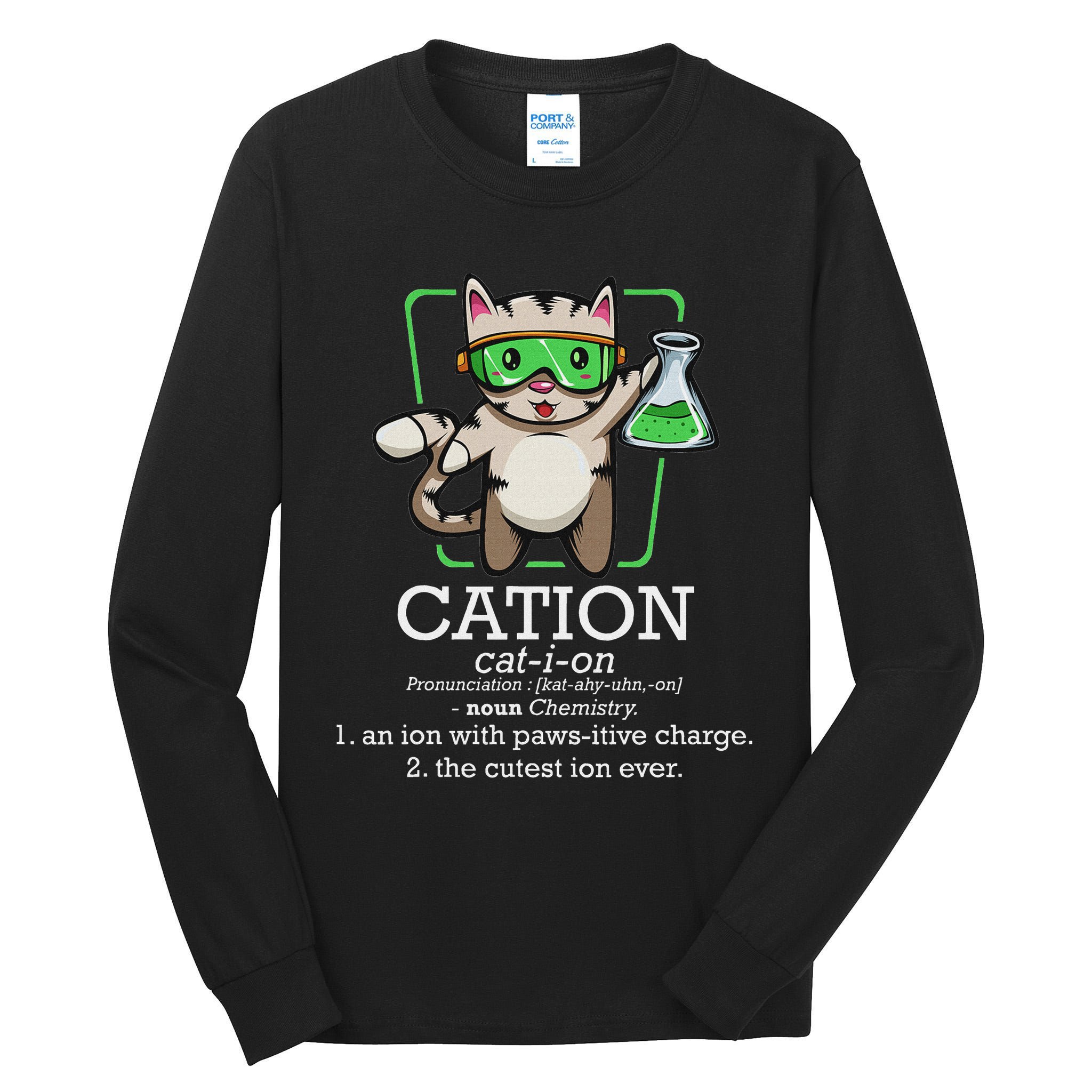 Cation Cute Science Cat Pawsitive Element Chemistry Teacher Tall Long Sleeve T-Shirt