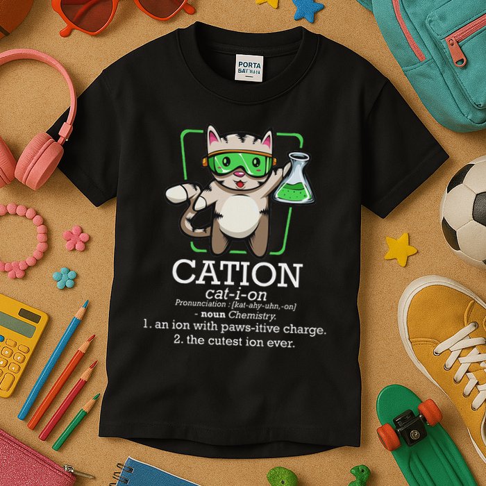 Cation Cute Science Cat Pawsitive Element Chemistry Teacher Kids T-Shirt