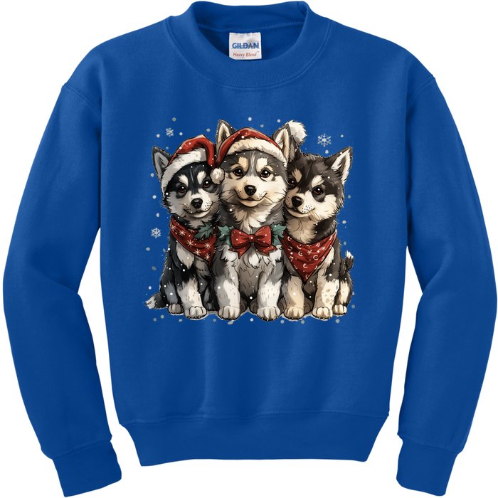 Cute Christmas Siberian Husky Puppy Dogs Santa Hat Mistletoe Gift Kids Sweatshirt