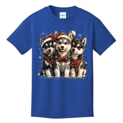 Cute Christmas Siberian Husky Puppy Dogs Santa Hat Mistletoe Gift Kids T-Shirt