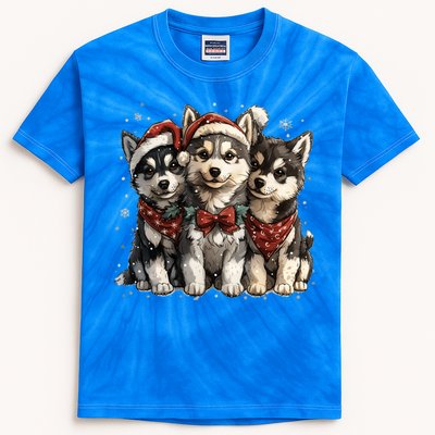 Cute Christmas Siberian Husky Puppy Dogs Santa Hat Mistletoe Gift Kids Tie-Dye T-Shirt