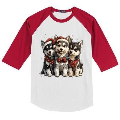 Cute Christmas Siberian Husky Puppy Dogs Santa Hat Mistletoe Gift Kids Colorblock Raglan Jersey