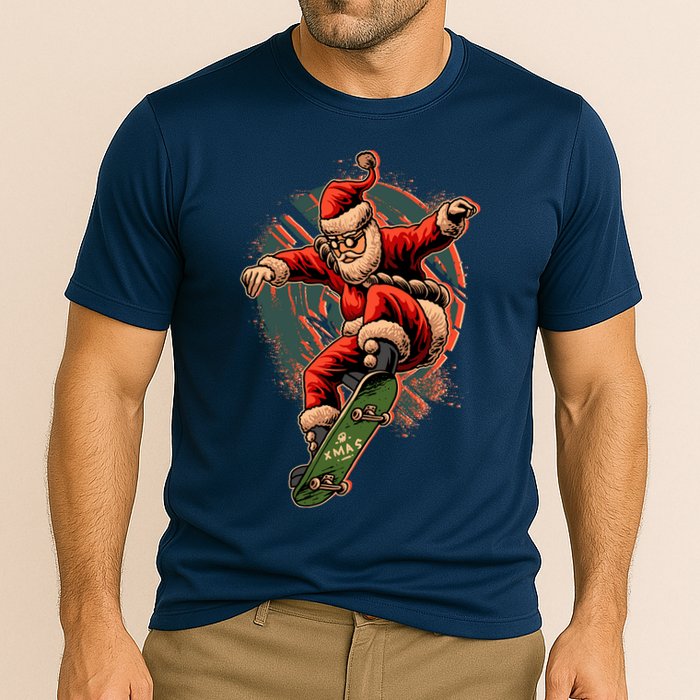 Cool Christmas Skateboarding Santa Claus Cooling Performance Crew T-Shirt