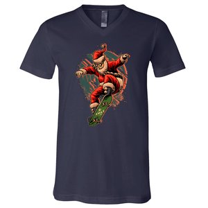 Cool Christmas Skateboarding Santa Claus V-Neck T-Shirt