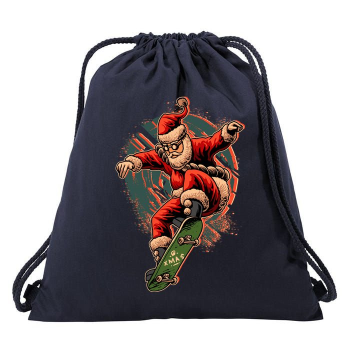 Cool Christmas Skateboarding Santa Claus Drawstring Bag