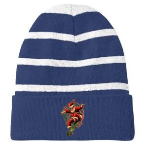 Cool Christmas Skateboarding Santa Claus Striped Beanie with Solid Band