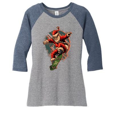 Cool Christmas Skateboarding Santa Claus Women's Tri-Blend 3/4-Sleeve Raglan Shirt