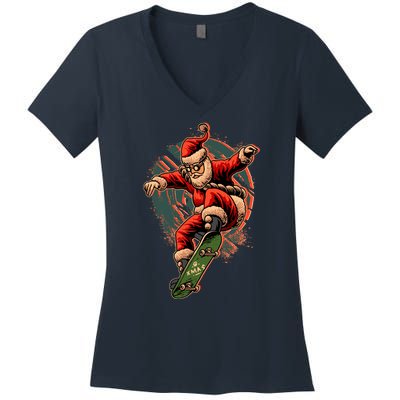 Cool Christmas Skateboarding Santa Claus Women's V-Neck T-Shirt