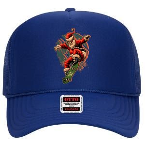 Cool Christmas Skateboarding Santa Claus High Crown Mesh Back Trucker Hat