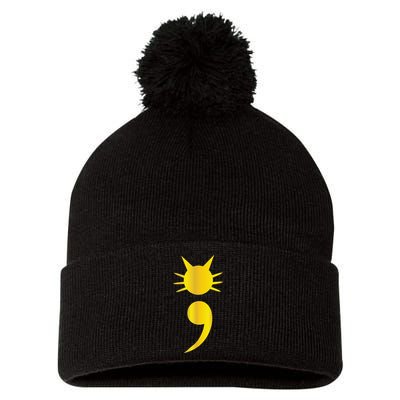 Cute Cat Semicolon May Mental Health Awareness Month Pom Pom 12in Knit Beanie