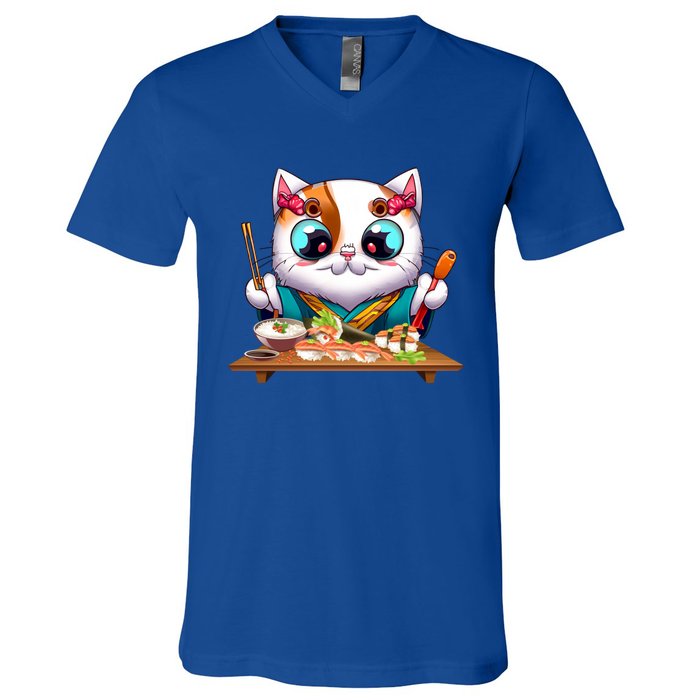 Cute Cat Sushi Chef Kawaii Cat Lover Japanese Neko Gift V-Neck T-Shirt