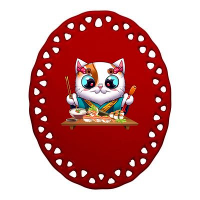 Cute Cat Sushi Chef Kawaii Cat Lover Japanese Neko Gift Ceramic Oval Ornament