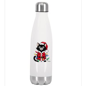 Christmas Cats Santa Hat Meowy Christmas Light Cat Lover Stainless Steel Insulated Water Bottle