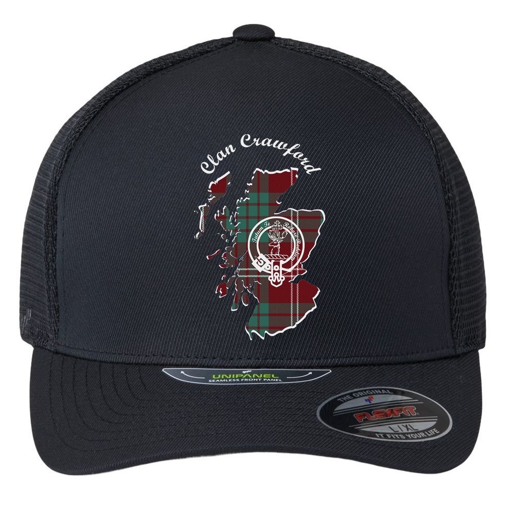 Clan Crawford Surname Last Name Scottish Tartan Crest Map Flexfit Unipanel Trucker Cap