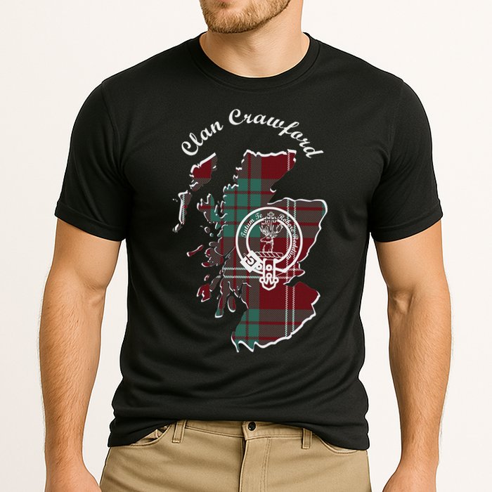 Clan Crawford Surname Last Name Scottish Tartan Crest Map Cooling Performance Crew T-Shirt