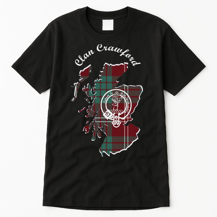 Clan Crawford Surname Last Name Scottish Tartan Crest Map Tall T-Shirt