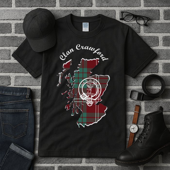 Clan Crawford Surname Last Name Scottish Tartan Crest Map Tall T-Shirt
