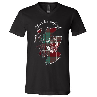 Clan Crawford Surname Last Name Scottish Tartan Crest Map V-Neck T-Shirt