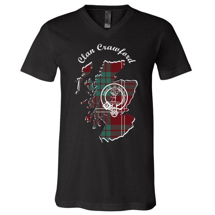Clan Crawford Surname Last Name Scottish Tartan Crest Map V-Neck T-Shirt