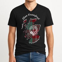 Clan Crawford Surname Last Name Scottish Tartan Crest Map V-Neck T-Shirt