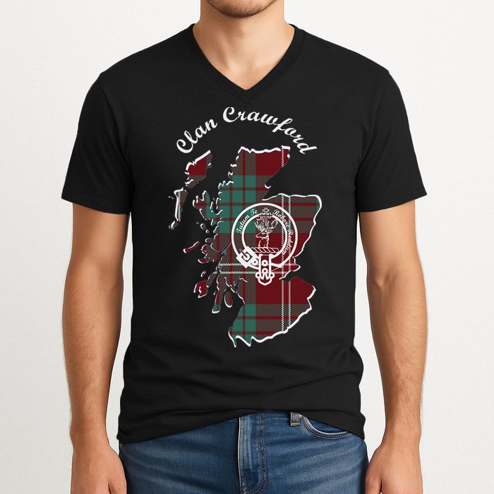 Clan Crawford Surname Last Name Scottish Tartan Crest Map V-Neck T-Shirt