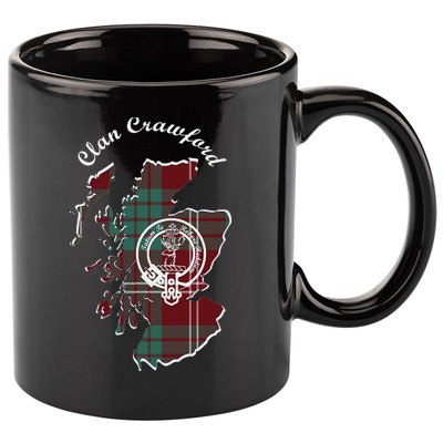 Clan Crawford Surname Last Name Scottish Tartan Crest Map 11oz C Handle Ceramic Mug