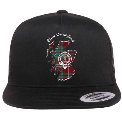 Clan Crawford Surname Last Name Scottish Tartan Crest Map Flat Bill Trucker Hat