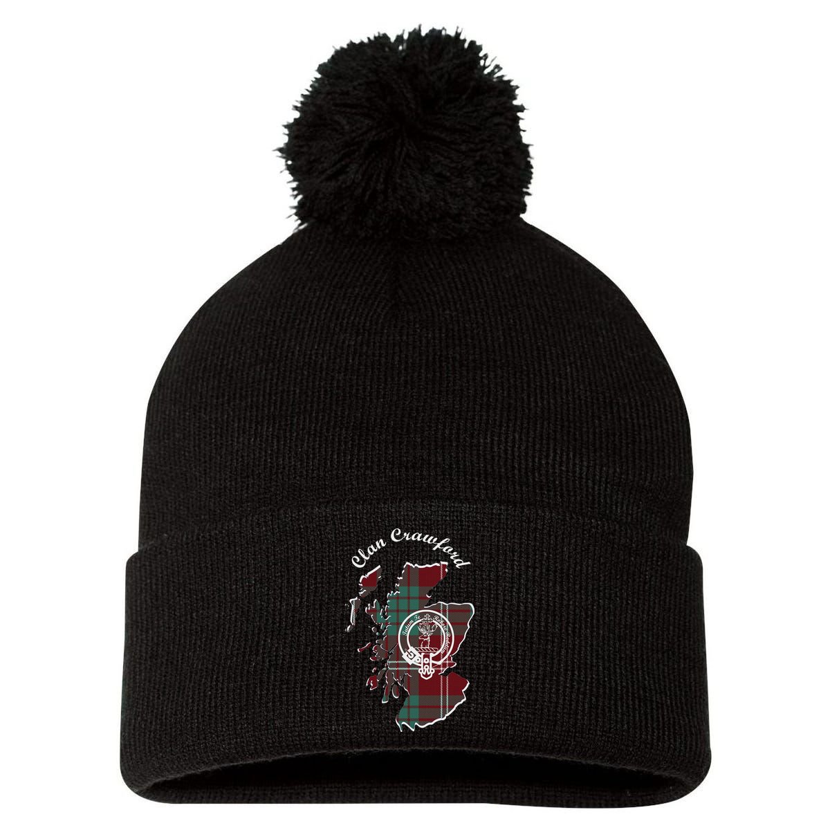 Clan Crawford Surname Last Name Scottish Tartan Crest Map Pom Pom 12in Knit Beanie