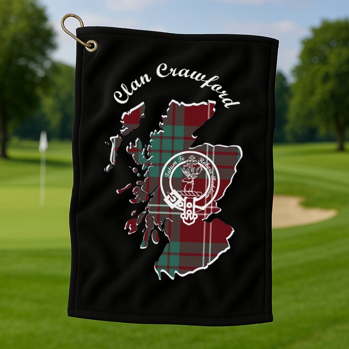Clan Crawford Surname Last Name Scottish Tartan Crest Map Golf Towel