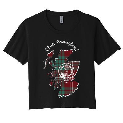 Clan Crawford Surname Last Name Scottish Tartan Crest Map Women's Crop Top Tee