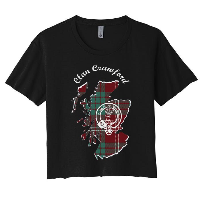 Clan Crawford Surname Last Name Scottish Tartan Crest Map Women's Crop Top Tee