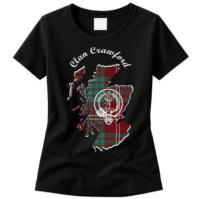 Clan Crawford Surname Last Name Scottish Tartan Crest Map Womens T-Shirt