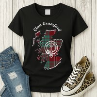 Clan Crawford Surname Last Name Scottish Tartan Crest Map Womens T-Shirt