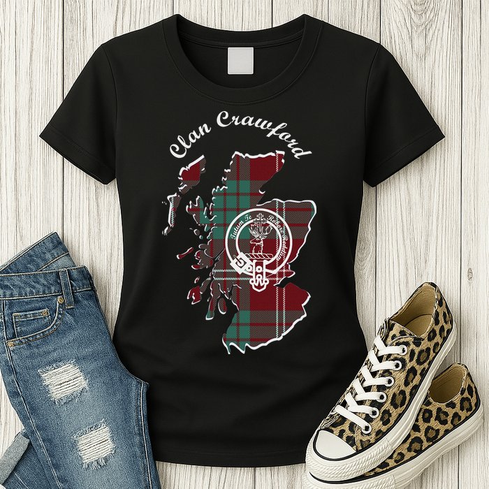 Clan Crawford Surname Last Name Scottish Tartan Crest Map Womens T-Shirt
