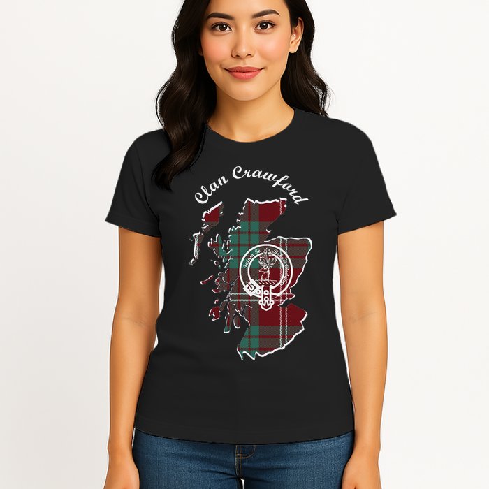 Clan Crawford Surname Last Name Scottish Tartan Crest Map Womens T-Shirt