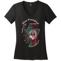 Clan Crawford Surname Last Name Scottish Tartan Crest Map Women's V-Neck T-Shirt