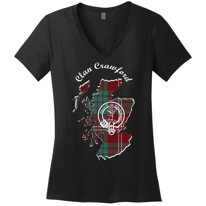 Clan Crawford Surname Last Name Scottish Tartan Crest Map Women's V-Neck T-Shirt