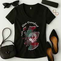 Clan Crawford Surname Last Name Scottish Tartan Crest Map Women's V-Neck T-Shirt