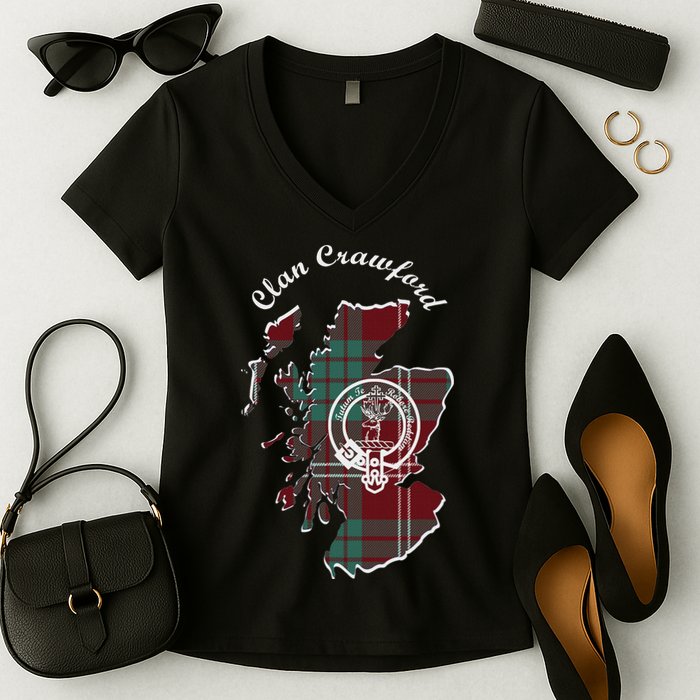 Clan Crawford Surname Last Name Scottish Tartan Crest Map Women's V-Neck T-Shirt