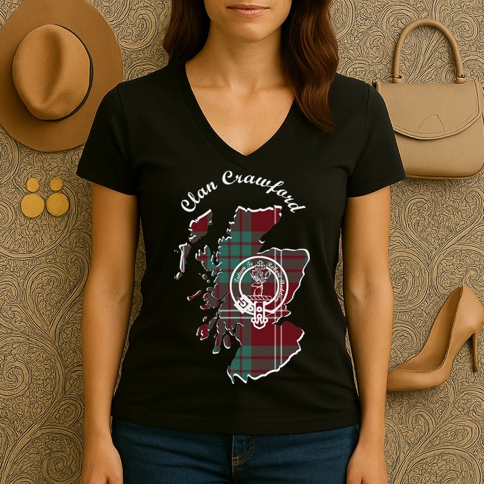 Clan Crawford Surname Last Name Scottish Tartan Crest Map Women's V-Neck T-Shirt