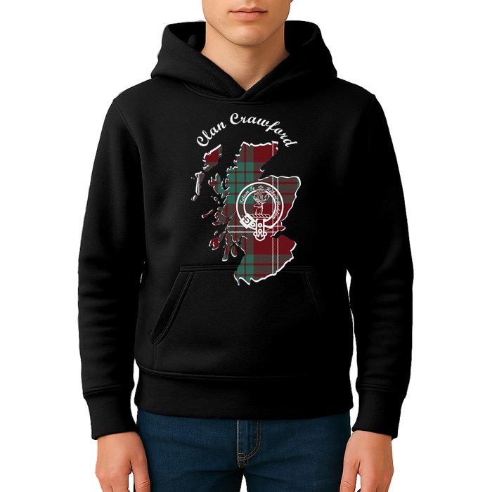 Clan Crawford Surname Last Name Scottish Tartan Crest Map Kids Hoodie