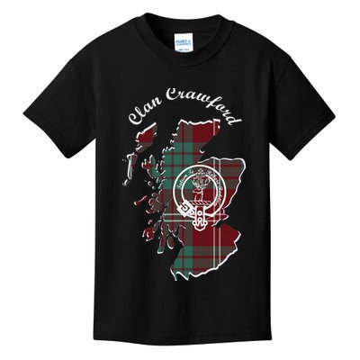 Clan Crawford Surname Last Name Scottish Tartan Crest Map Kids T-Shirt