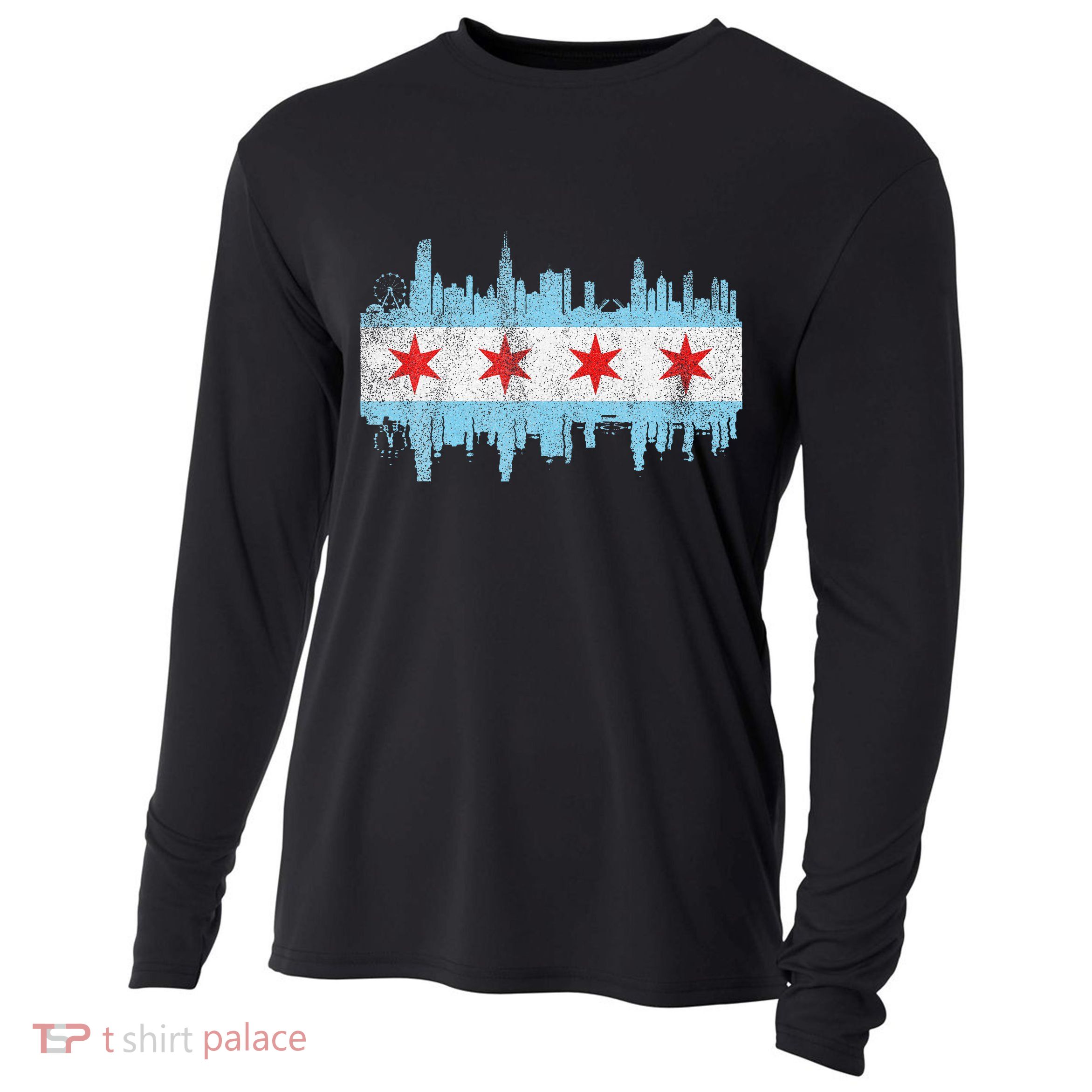 Chicago City Skyline Flag Vintage Chicago City Cooling Performance Long Sleeve Crew