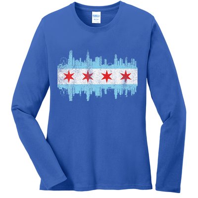 Chicago City Skyline Flag Vintage Chicago City Ladies Long Sleeve Shirt