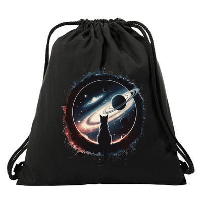 Cosmic Cat Stargazing At SaturnSpace & Galaxy Lovers .Png Drawstring Bag