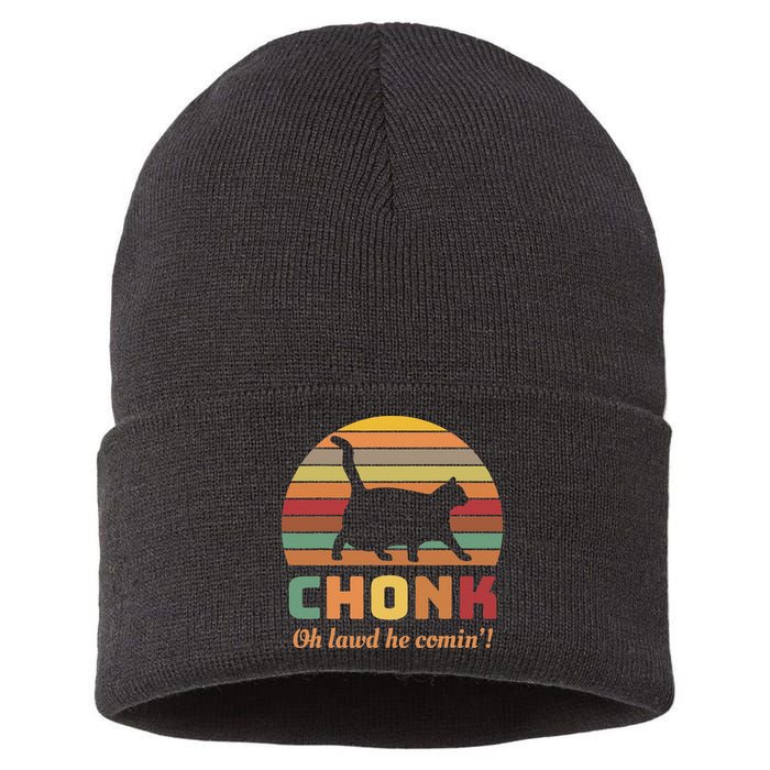 Chonk Cat Scale Meme Retro Oh Lawd He Comin Memes Sustainable Knit Beanie