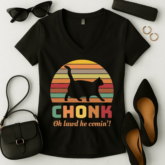Chonk Cat Scale Meme Retro Oh Lawd He Comin Memes Women's V-Neck T-Shirt