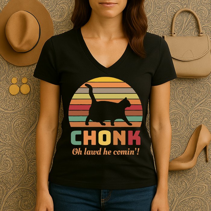 Chonk Cat Scale Meme Retro Oh Lawd He Comin Memes Women's V-Neck T-Shirt