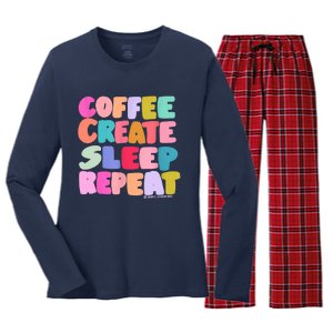 Coffee Create Sleep Repeat Cute Artwork Creatives Artists Women's Long Sleeve Flannel Pajama Set 